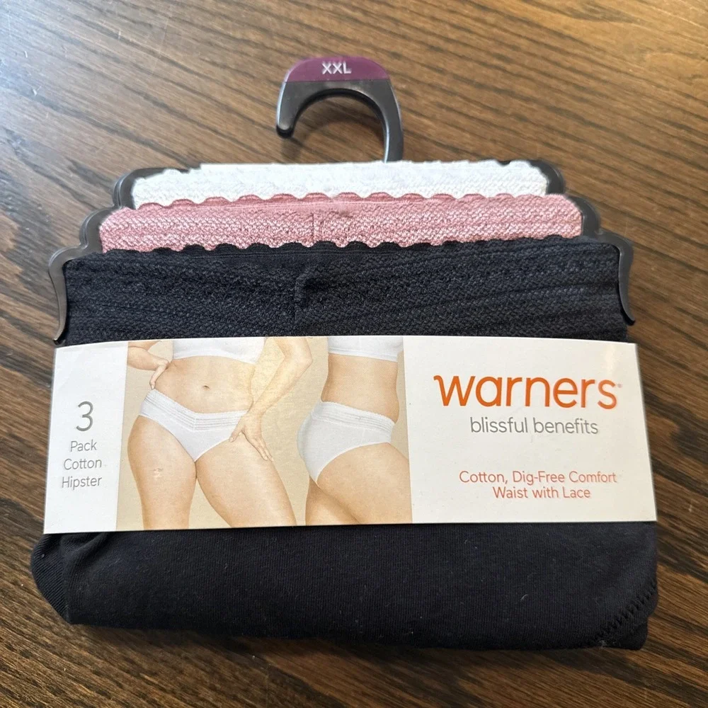 Warners Womens 2XL 3pc Dig-Free Cotton & Lace Hipster Panty‎ Set Mid Waist